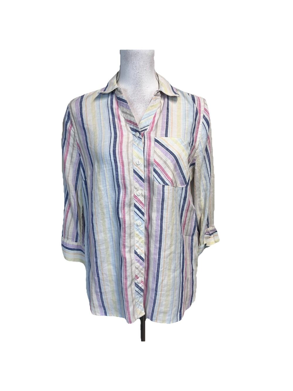 Chico's No Iron Blouse Shirt size 4/6 0 White Blue Purple Striped Linen Casual